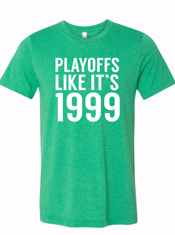 Playoffs Like It's 1999 t-shirt in vibrant green, perfect for showing Texas pride. An ideal Texas themed gift, this stylish tee makes for a great Texas made gift or souvenir from Texas, especially for Dallas fans and those looking for unique Texan gifts.