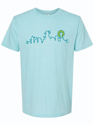 Skyline Plant t-shirt featuring a vibrant skyline design with a flower accent. This Texas themed gift is perfect for anyone looking for Texas Made Gifts, representing unique souvenirs from Texas and making a great Dallas souvenir or Texan gift.