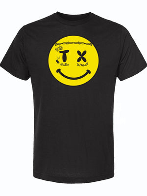 Smiley Face T-shirt featuring a vibrant yellow smiley design on a black shirt, perfect as a Texas themed gift. This tee makes an excellent addition to your wardrobe or a thoughtful souvenir from Texas, showcasing Texas Made Gifts and ideal for any Texan gifts lovers. Great for Dallas souvenir seekers!