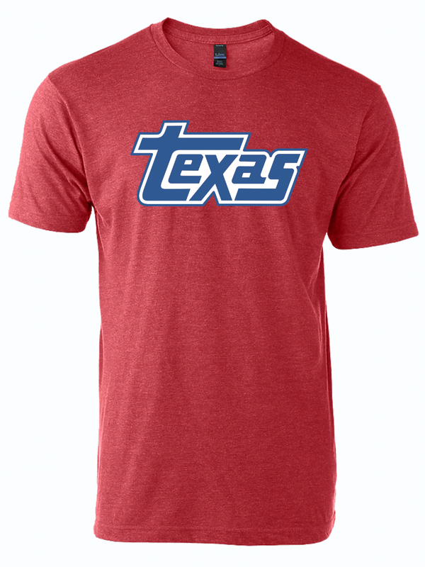 A stylish Texas Red unisex fine jersey tee featuring the word 'texas' in bold blue letters, perfect as a Texas themed gift, Texas Made Gifts, or souvenirs from Texas, ideal for fans in Dallas and looking for Texan gifts.
