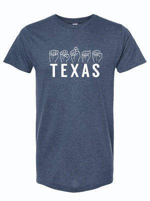 Texas Sign Language graphic on a navy unisex fine jersey tee. This Texas themed gift is perfect for showing off your Texan pride and makes a great souvenir from Texas, ideal for anyone looking for Dallas souvenirs or unique Texas made gifts.