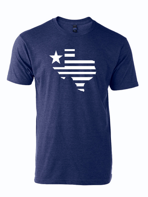 Texas Silhouette Navy t-shirt featuring a Texas state design with a star, perfect for showcasing Texas pride. A great Texas themed gift, ideal among Texas made gifts, souvenirs from Texas, Dallas souvenirs, and Texan gifts.