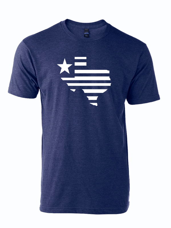 Texas Silhouette Navy t-shirt featuring a Texas state design with a star, perfect for showcasing Texas pride. A great Texas themed gift, ideal among Texas made gifts, souvenirs from Texas, Dallas souvenirs, and Texan gifts.