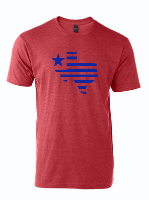Texas Silhouette Red t-shirt featuring a blue Texas flag design, perfect for Texas-themed gift enthusiasts. A great option for Texas Made Gifts, souvenirs from Texas, and Dallas souvenirs, this stylish tee makes an ideal choice for Texan gifts.