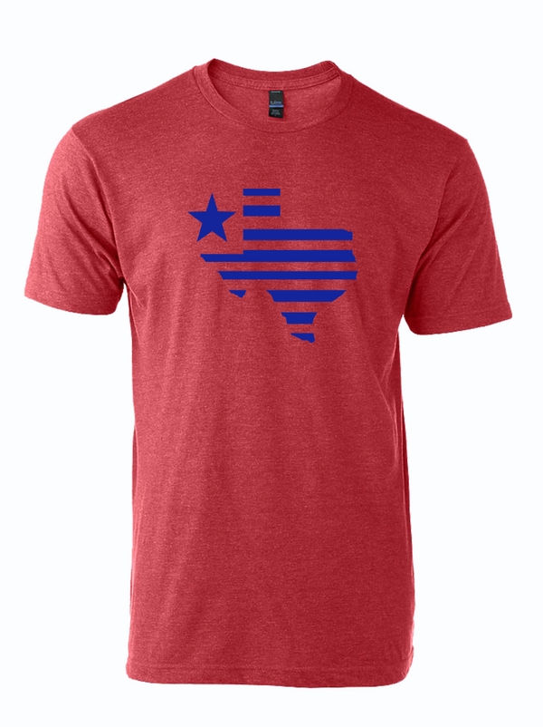 Texas Silhouette Red t-shirt featuring a blue Texas flag design, perfect for Texas-themed gift enthusiasts. A great option for Texas Made Gifts, souvenirs from Texas, and Dallas souvenirs, this stylish tee makes an ideal choice for Texan gifts.