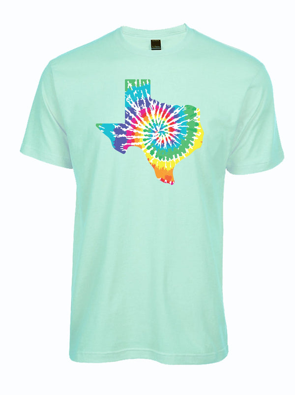 Texas Silhouette Tie Dye t-shirt featuring a vibrant tie-dye design in the shape of Texas. Perfect as a Texas themed gift, this shirt is an ideal choice for those looking for Texas Made Gifts and souvenirs from Texas, great for any Dallas souvenir or Texan gifts collection.