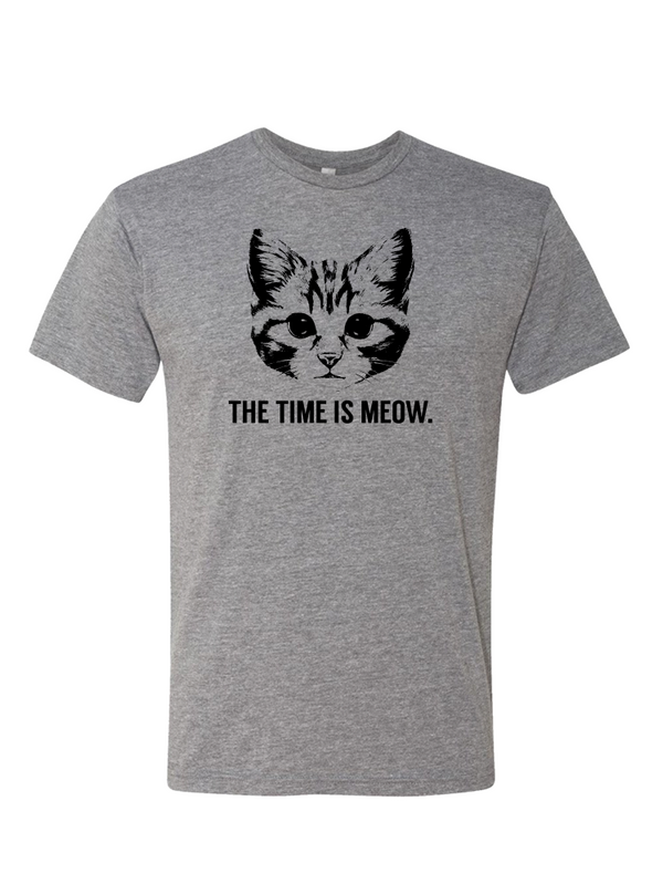 The Time is Meow t-shirt featuring a cute cat graphic, perfect for cat lovers. This Texas themed gift is made from a soft tri-blend fabric, making it a great souvenir from Texas. Ideal for those looking for unique Texan gifts or a Dallas souvenir.