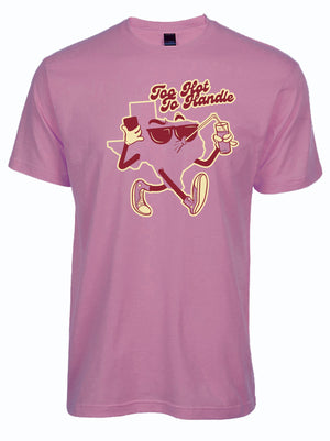 Mauve pink tshirt with graphic design of a cartoon character shaped like Texas wearing sunglasses and sneakers underneath text reading 