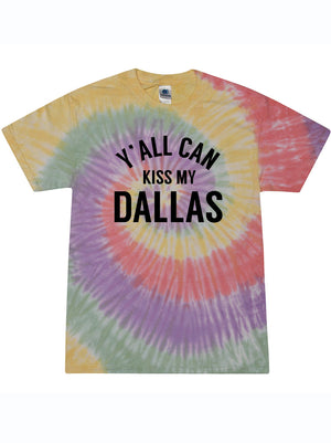 Y'all Can Kiss My Dallas Tie Dye t-shirt showcasing a colorful swirl design. Perfect for expressing Texas pride, this vibrant shirt makes a great Texas themed gift, ideal as a Dallas souvenir or texan gifts. A unique piece that's part of Texas Made Gifts collection.